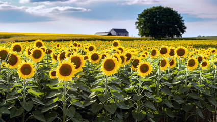 Obraz premium A stunning photograph of a vast field of sunflowers under a breathtaking sunset, with a dirt path leading through the vibrant yellow flowers and stretching towards the horizon. 