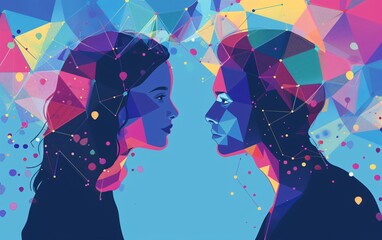 A man and woman facing each other directly looking in each other eyes with blue background made up of pattern design 