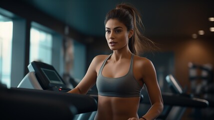 Fototapeta premium Portrait of beautiful woman working out at gym, running on treadmill and doing fitness exercises. healthy concept