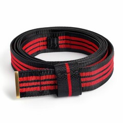 Stylish Black and Red Striped Fabric Belt with Gold Buckle - Fashion Accessory for Men and Women