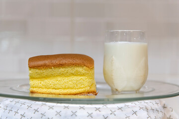 View of the sponge cake with milk