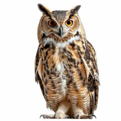 Fototapeta premium Majestic Eurasian Eagle Owl with Striking Orange Eyes and Detailed Plumage Isolated on White Background