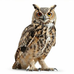 Obraz premium Majestic Eurasian Eagle-Owl with Striking Orange and Yellow Eyes Posing Against White Background