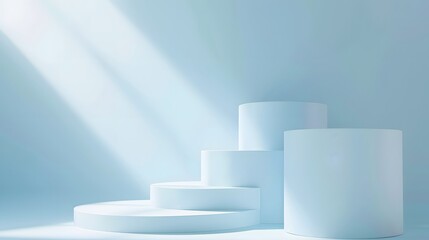 podium mockup for products in a light blue room. The podiums have different sizes and are stacked on top of each other. This room has a modern and minimalist feel