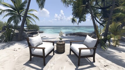Modern patio set with white cushions and black frames on stone patio in front of large window. Includes sofa, 2 armchairs, coffee table, vase of purple flowers, and small plant