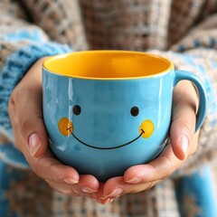 a man holding a blue cup in his hand with a big smile and cheeks with yellow blushing  on the cup