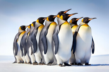 Obraz premium A group of penguins standing in a line. The penguins are all facing the same direction