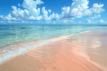 Pink Sand Beach Paradise with Azure Ocean and White Clouds