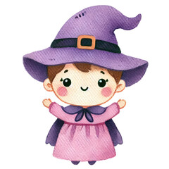 Watercolor illustration of a cute witch kid wearing a purple costume and hat perfect for Halloween and children's themes