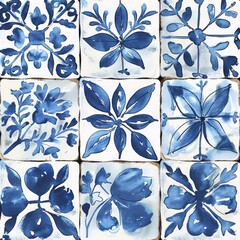 Italian ceramic style tile, featuring blue decorative flourishes with floral elements.