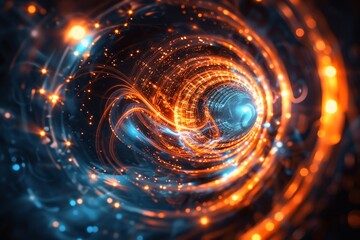 A swirling vortex of light and particles representing quantum mechanics.