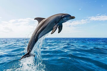 Fototapeta premium A dolphin jumps out of the water surface in the ocean.