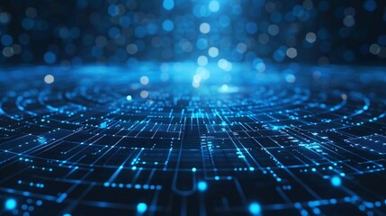 Blue technology background with futuristic digital elements and glowing lines forming an abstract geometric pattern