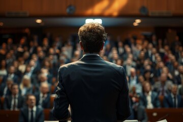 Successful businessman addressing shareholders with authority, showcasing leadership in strategic decision-making.