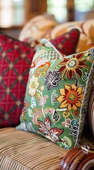 A white pillow with embroidered leaf patterns rests on a wicker chair near a window with a floral curtain