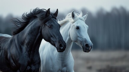 Obraz premium Two beautiful English horses running next each other in the field, one is pure black with a white line, other is pure white with a black line, wee see only their head, their eyes are ultra detailed, T