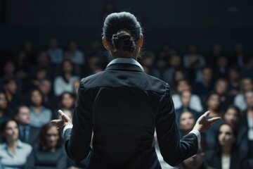 Successful businesswoman inspiring her team with a motivational speech, showcasing her leadership prowess.