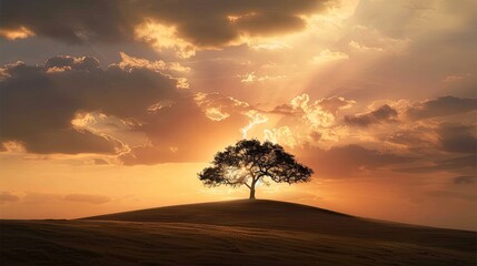 A lone tree stands on a hilltop, silhouetted against a stunning sunset sky with dramatic clouds
