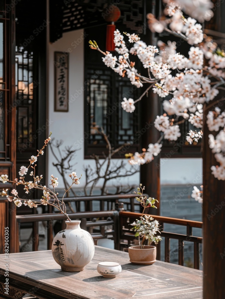 Wall mural , chinese style villa interior design, and flowers and trees