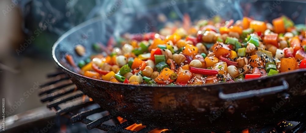 Wall mural Colorful Vegetable Stir-Fry Cooking in a Cast Iron Pan