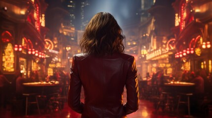 A beautiful woman in a dress, seen from the back, standing in front of slot machines in a casino.