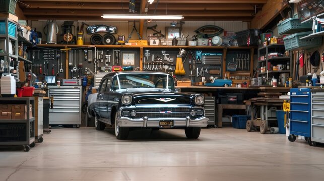 A car is parked in a well-lit garage, facing right and perfectly centered. The spacious garage has wooden ceiling beams