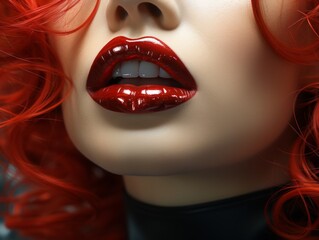 Fototapeta premium Close up portrait of beautiful young woman with bright red lips. Perfect make up.