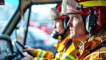 Two firefighters, dressed in headgear, are in the process of operating a fire truck