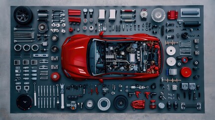 A red car is disassembled with all of the parts spread out on a grey floor