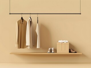 Collection of clothes hanging on a rack in neutral beige colors.