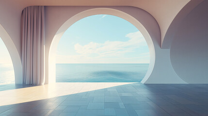 Obraz premium Architecture Interior Room with Sea View, 3D Render of Coastal Living