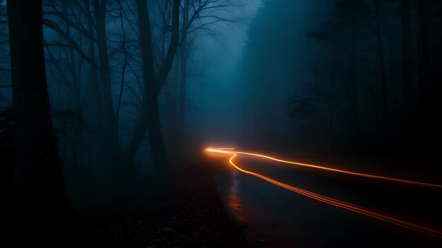 Flickering car lights illuminate the misty forest adding an element of mystery and intrigue to the already enchanting scenery.