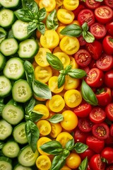 Colorful vegetable bowl with artistic arrangement under soft, shadow free lighting