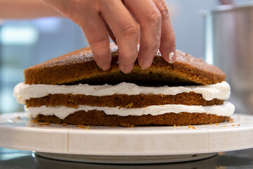 view of making cake with bread and cream