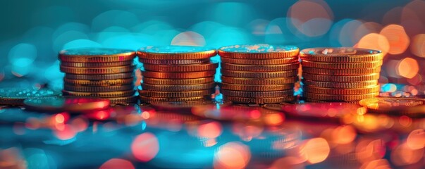 Photography of currency coins on a desk. High angle shot, vibrant background.