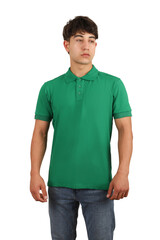 Youth man wearing blank collared t-shirt on white background, closeup. Green color polo tshirt. Mockup for design tee, polo t-shirt mockup, isolated background.