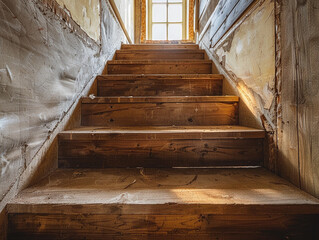 Old Wooden Staircase Leading Up to a Window in an Abandoned Building
