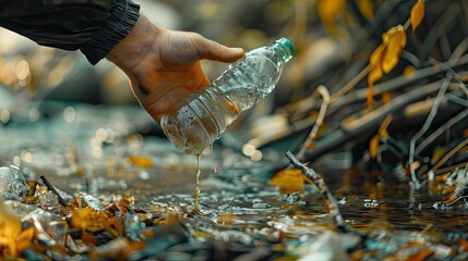 a hand throws away a plastic bottle. Selective focus