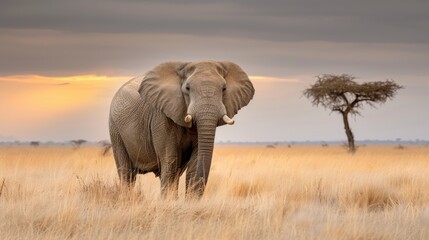 Obraz premium An elephant stands in tall grass, looking directly at the camera, against a backdrop of golden sunset
