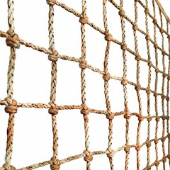 Close-Up of Woven Rope Netting with Knots on White Background for Nautical, Sports, and Safety Applications