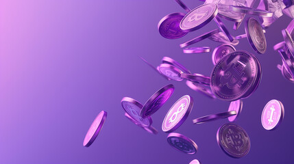 Money-Saving and Cashless Society Concept 3D Render Illustration of Bundles of Cash and Floating Coins on Purple Background
