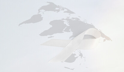  White light pearl color ribbon for Lung cancer awareness and Multiple Sclerosis with world map, symbol for international day of non-violence, cancer disease treatment of disease control