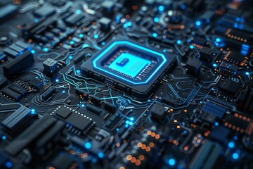 Fototapeta premium A glowing AI chip with intricate blue circuitry, set against a dark, detailed circuit board, digital art