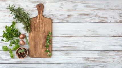 A wooden cutting board with fresh parsley, rosemary, thyme, and other herbs on a white wood surface