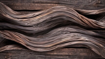 Close-up of two pieces of twisted wood grain, laid on top of dark brown wooden boards