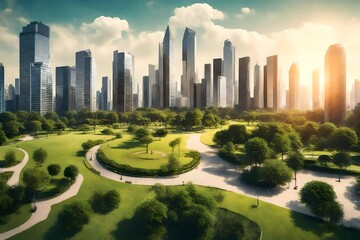 Obraz premium Public park and high-rise buildings cityscape in metropolis city center . Green environment city and downtown business district in panoramic view.