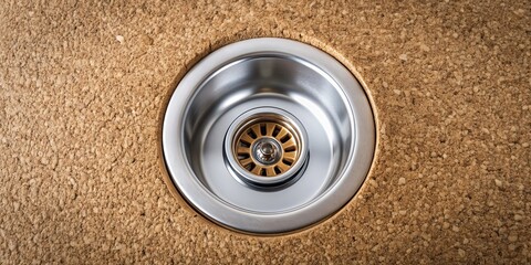 Obraz premium Close-up of a steel kitchen sink with a cork protecting the sewer from debris , steel, kitchen, sink, cork, sewer