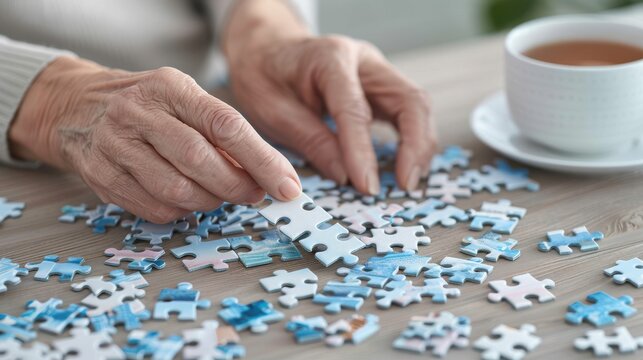 An elderly woman is sitting at a table with a jigsaw puzzle and a cup of tea