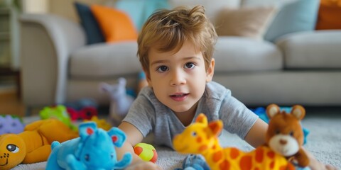 Fototapeta premium A cute toddler plays happily in a colorful home playroom filled with toys and creativity.
