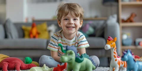Fototapeta premium A cheerful little boy plays happily indoors with colorful toys, enjoying joyful moments of childhood.